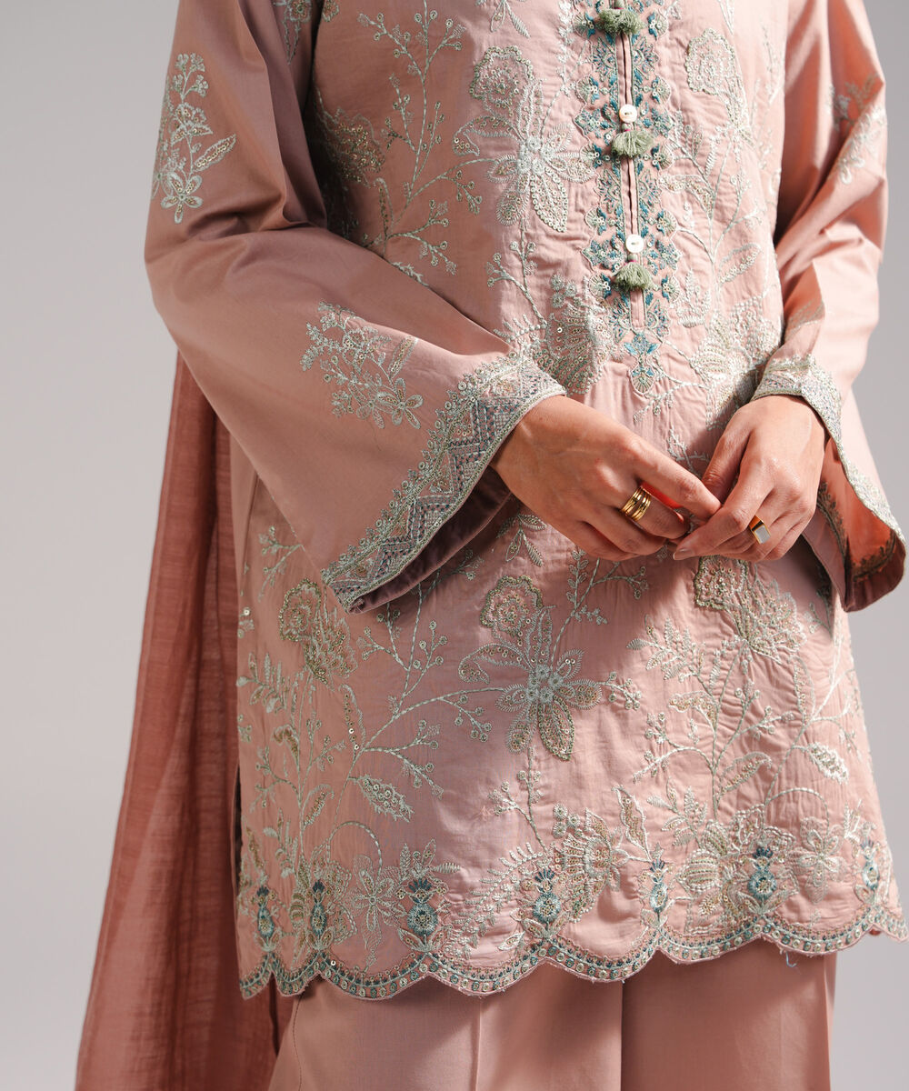 Women's RTW Lawn Embroidered Beige 3 Piece Suit