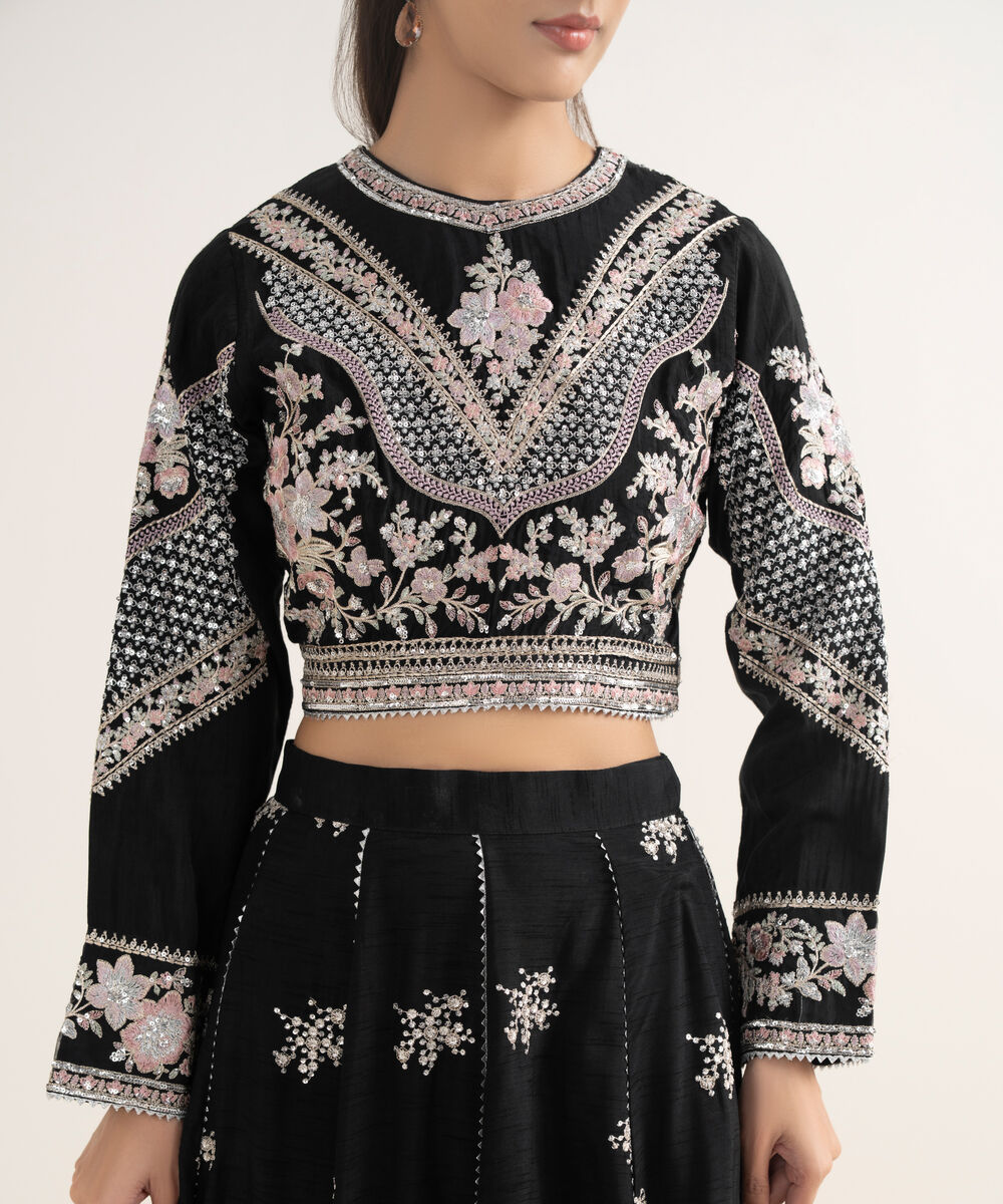 Women's RTW Raw Silk Embroidered Black 3 Piece Suit