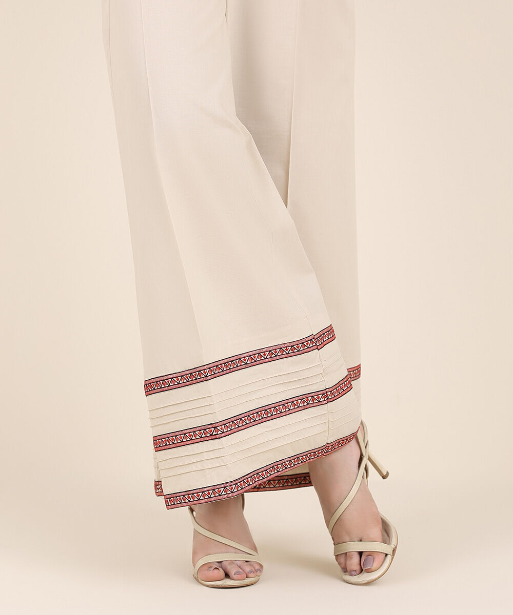 Women's RTW Cambric Beige Embroidered Flared Pants