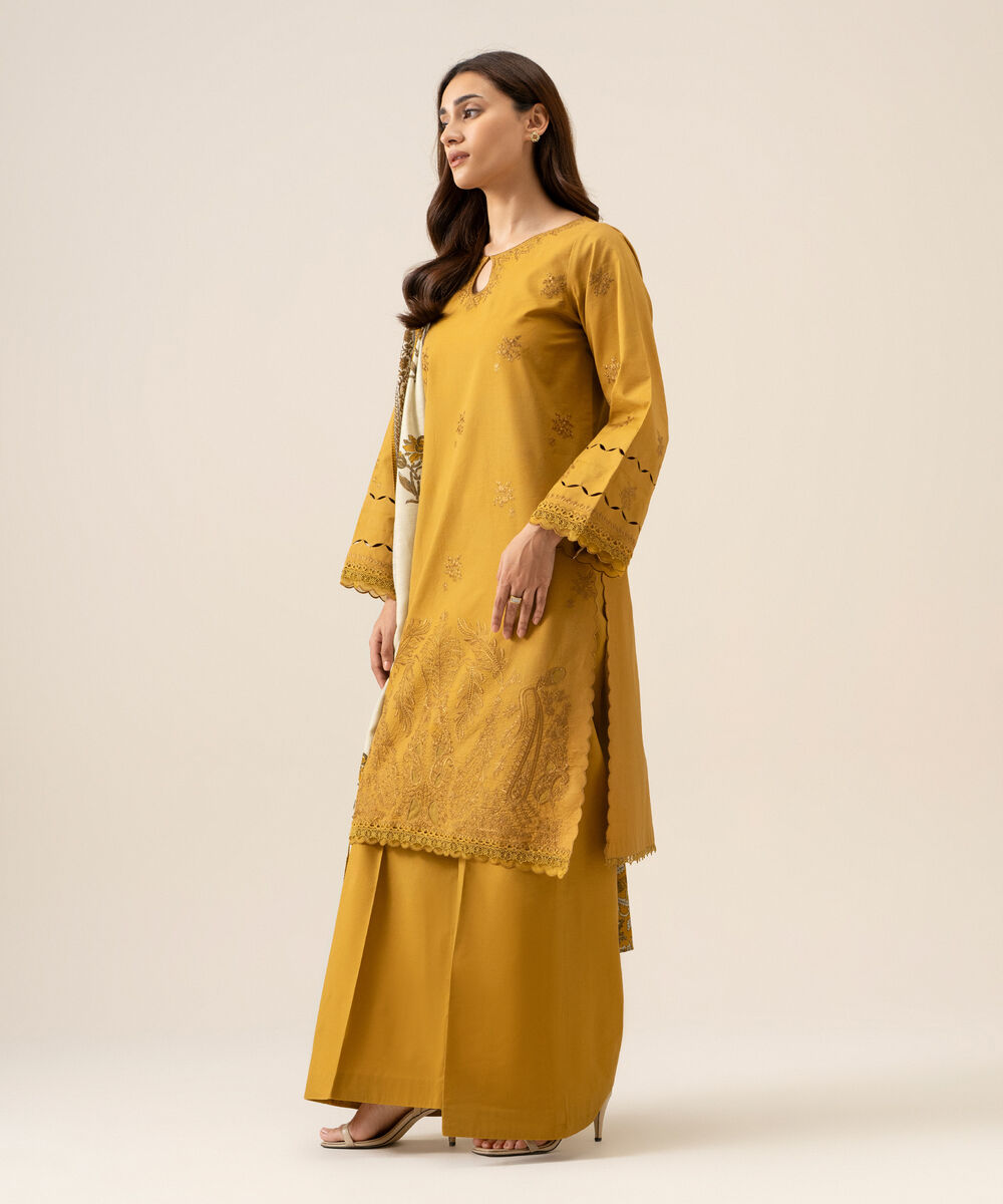 Women's Unstitched Basic Khaddar Embroidered Mustard 3 Piece Suit