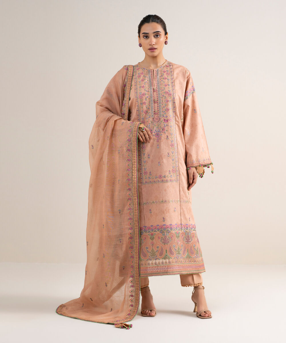 Women's Unstitched Cotton Jacquard Embroidered Pink