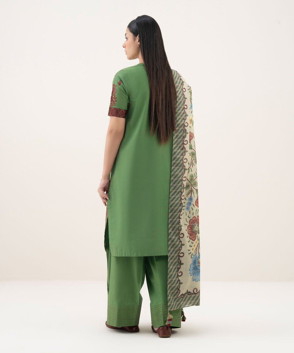 Women's Unstitched Cotton Embroidered Green 3 Piece Suit