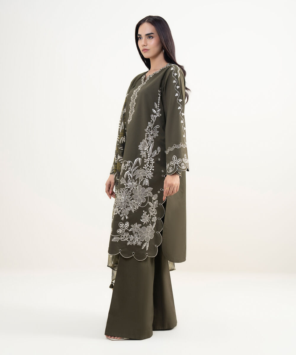 Women's Unstitched Textured Lawn Embroidered Green 3 Piece Suit