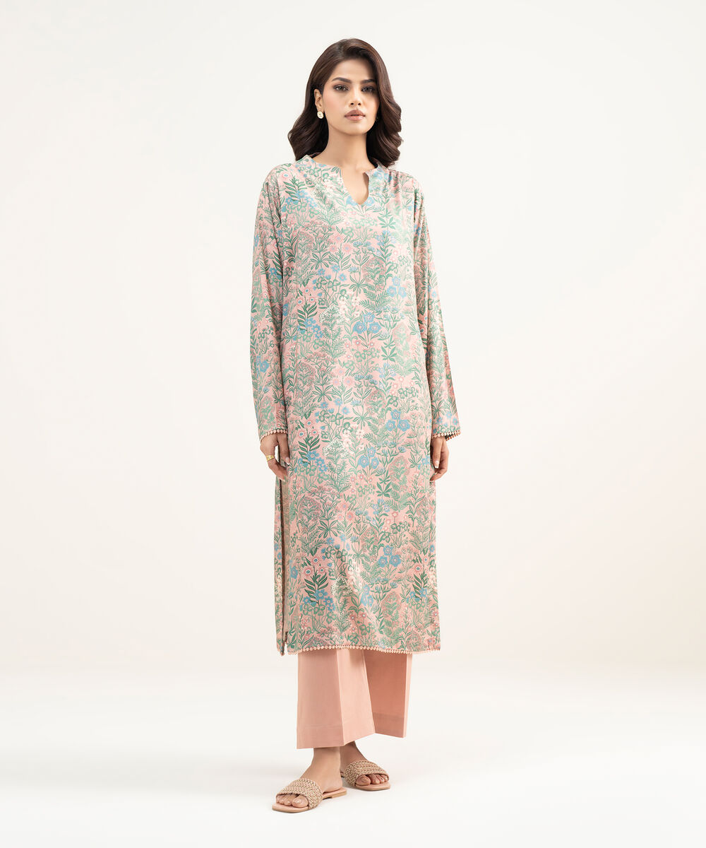 Women's RTW Arabic Lawn Printed Peach Drop Shoulder Shirt
