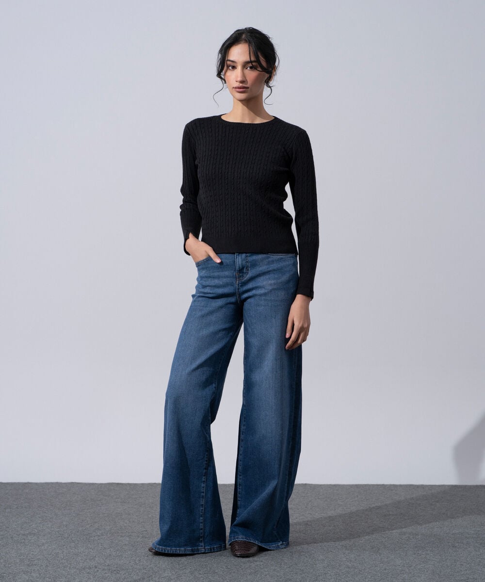 Women's Western Wear Black Textured Cable-Knit Jumper