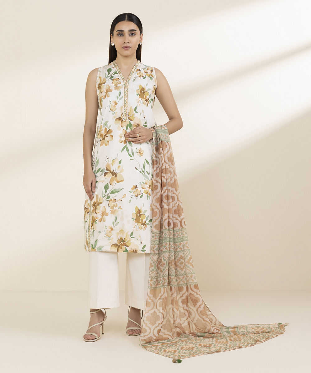 Unstitched Women's Off White Lawn 3 Piece Suit