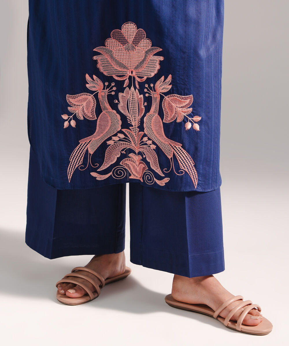 Women's RTW Dobby Embroidered Dark Blue 2 Piece Suit