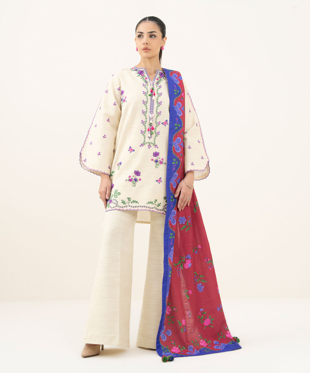 Women's Unstitched Embroidered Khaddar Off White 3 Piece Suit