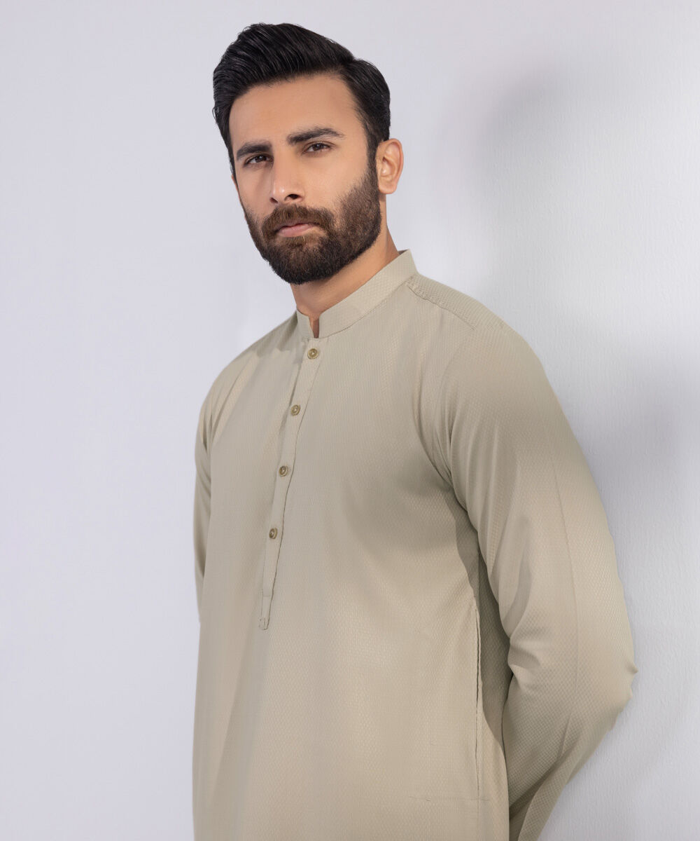 Men's Blended Stitched Plain Beige Kurta