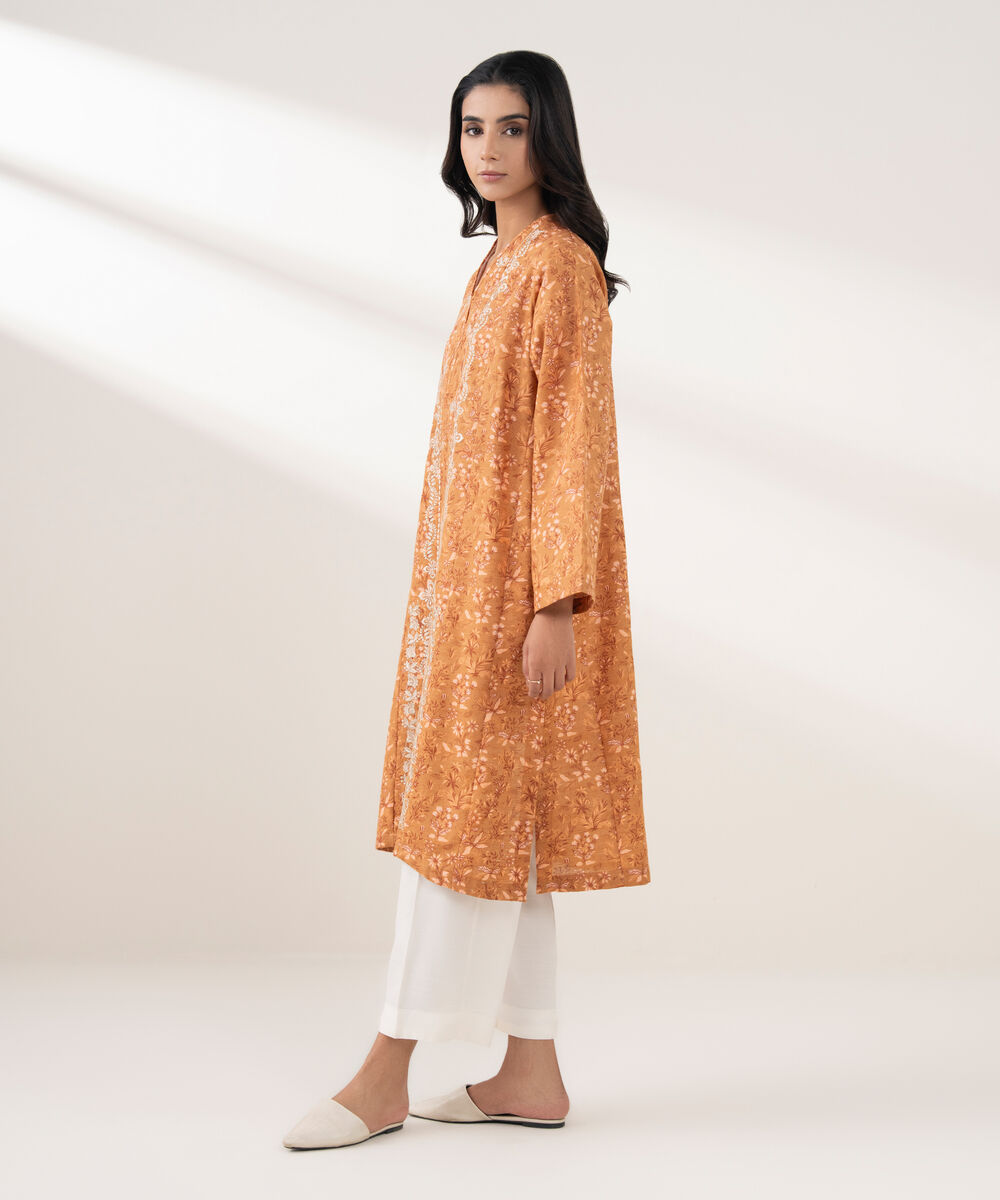Women's RTW Khaddar Embroidered Orange 2 Piece Suit