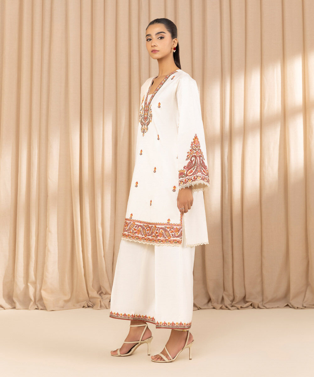 Unstitched Women's Embroidered Cotton Net Off White Three Piece Suit