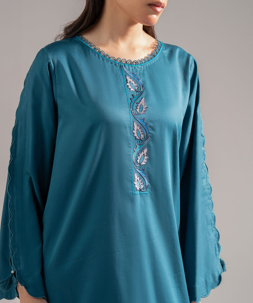 Women's RTW Cotton Satin Embroidered Teal 2 Piece Suit