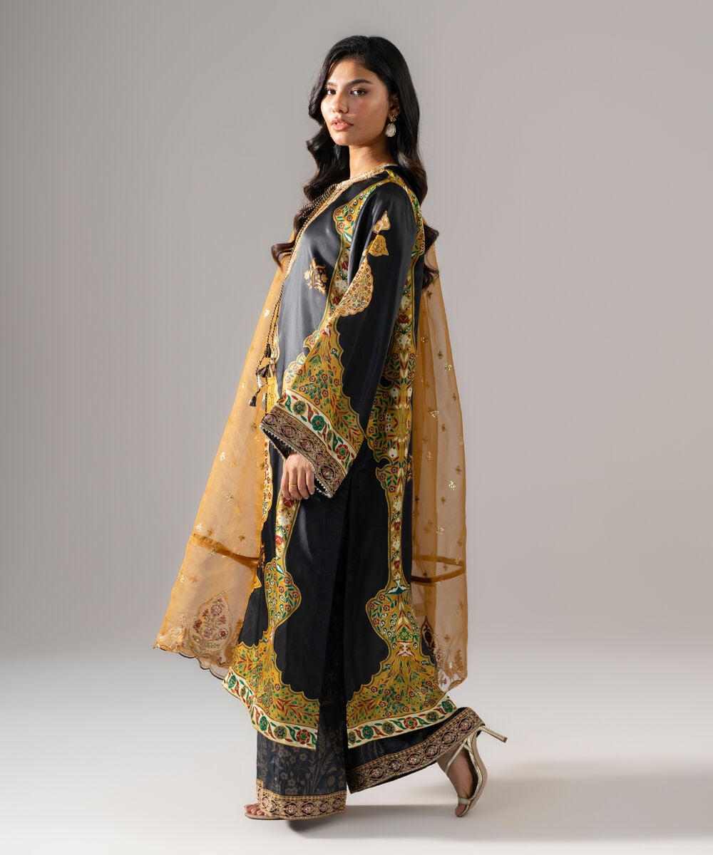 Women's RTW Blended Satin Embroidered Black 3 Piece Suit