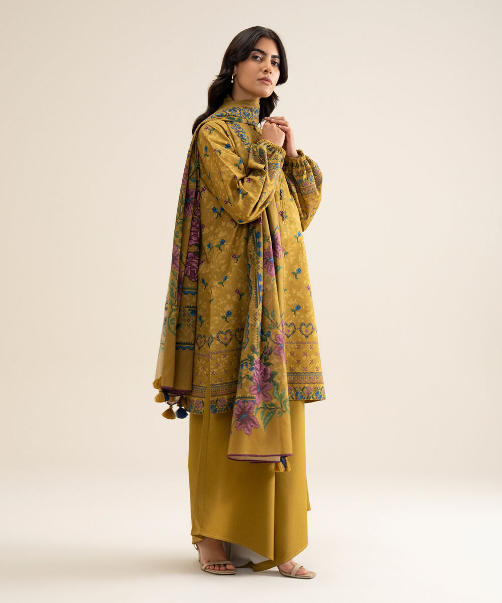 Women's Unstitched Cotton Printed Mustard 3 Piece Suit