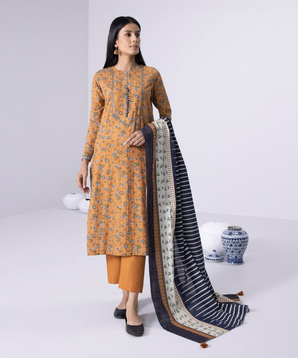 Womens Unstitched Daily Mustard Three Piece