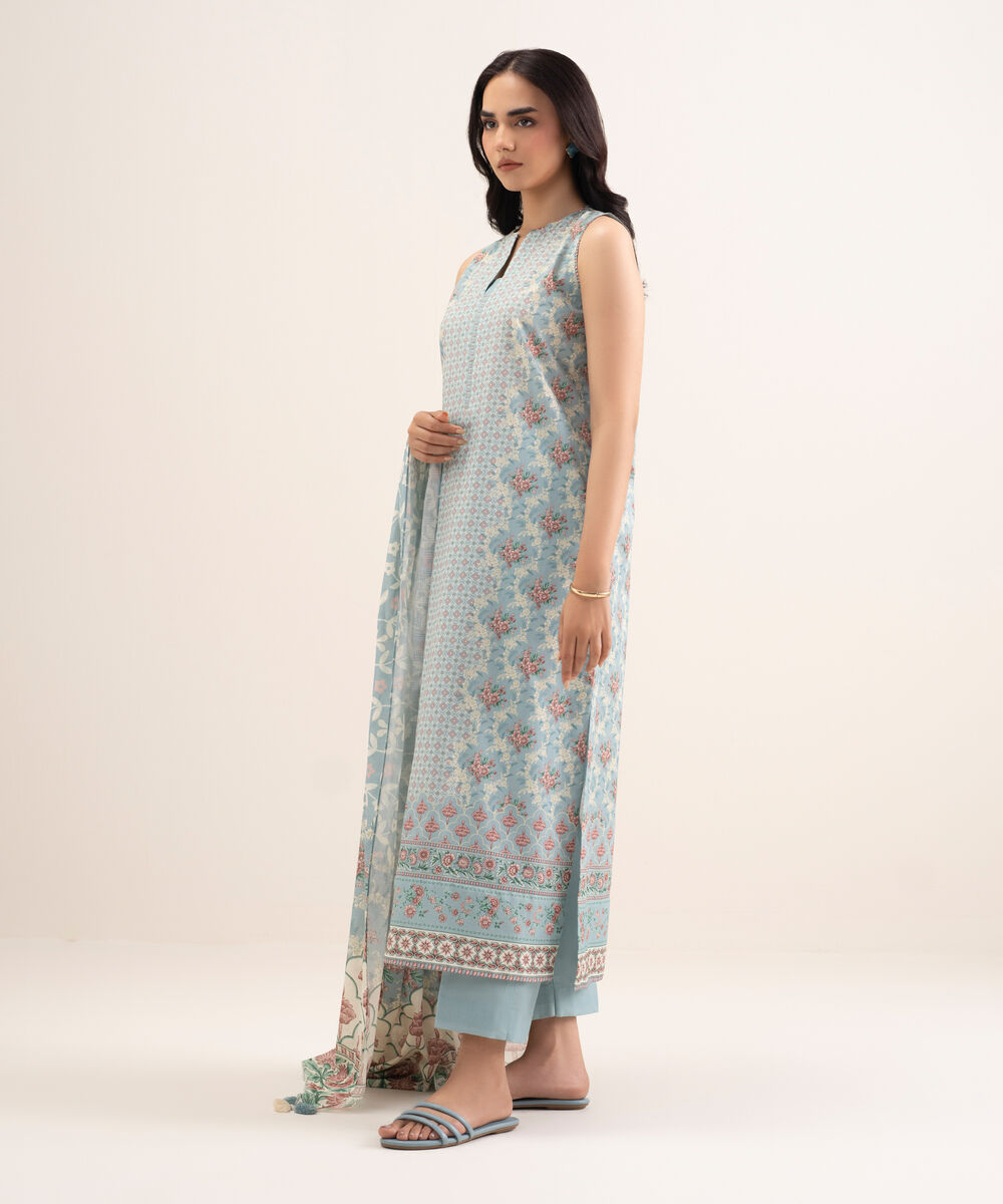 Women's Unstitched Lawn Printed Blue 3 Piece Suit