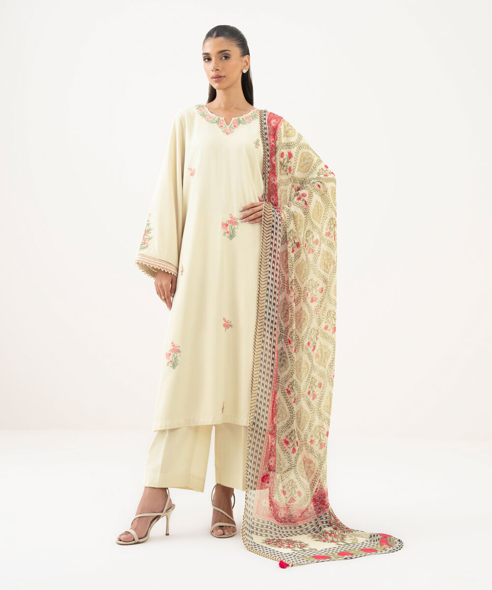 Women's RTW Cotton Viscose Embroidered Straight Off White Shirt