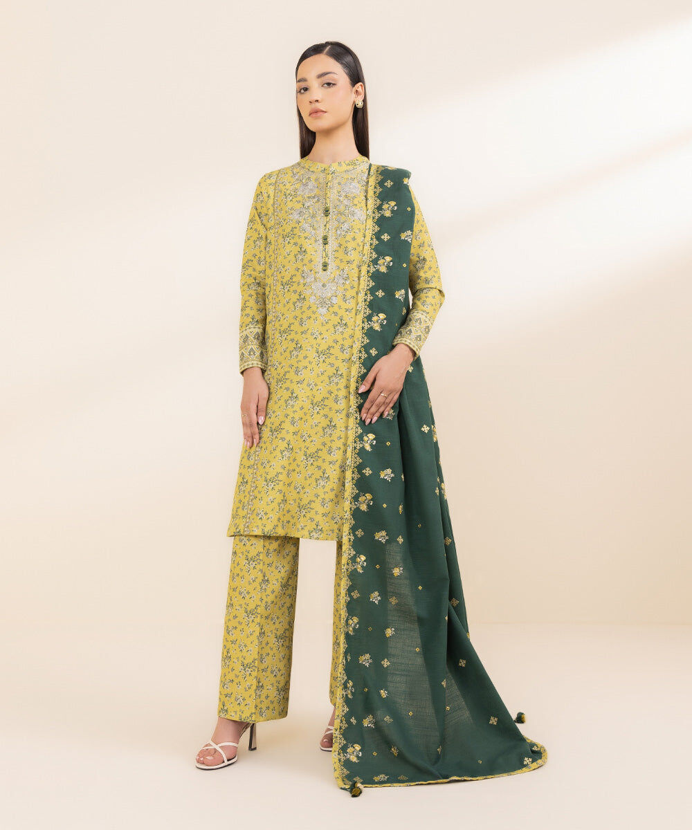 Women's Unstitched Khaddar Yellow Embroidered 3 Piece Suit