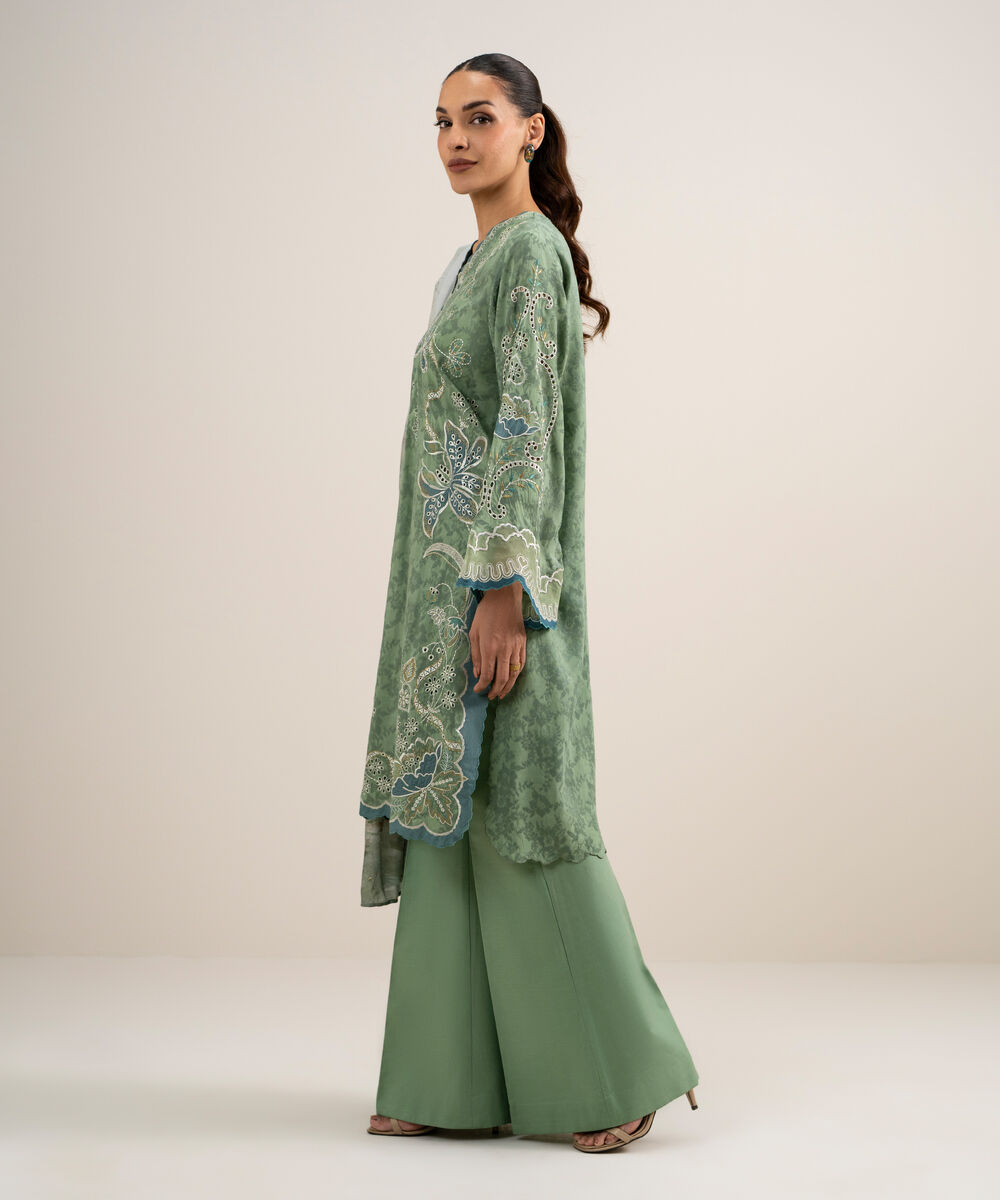 Women's Unstitched Self Jacquard Embroidered Green 3 Piece Suit