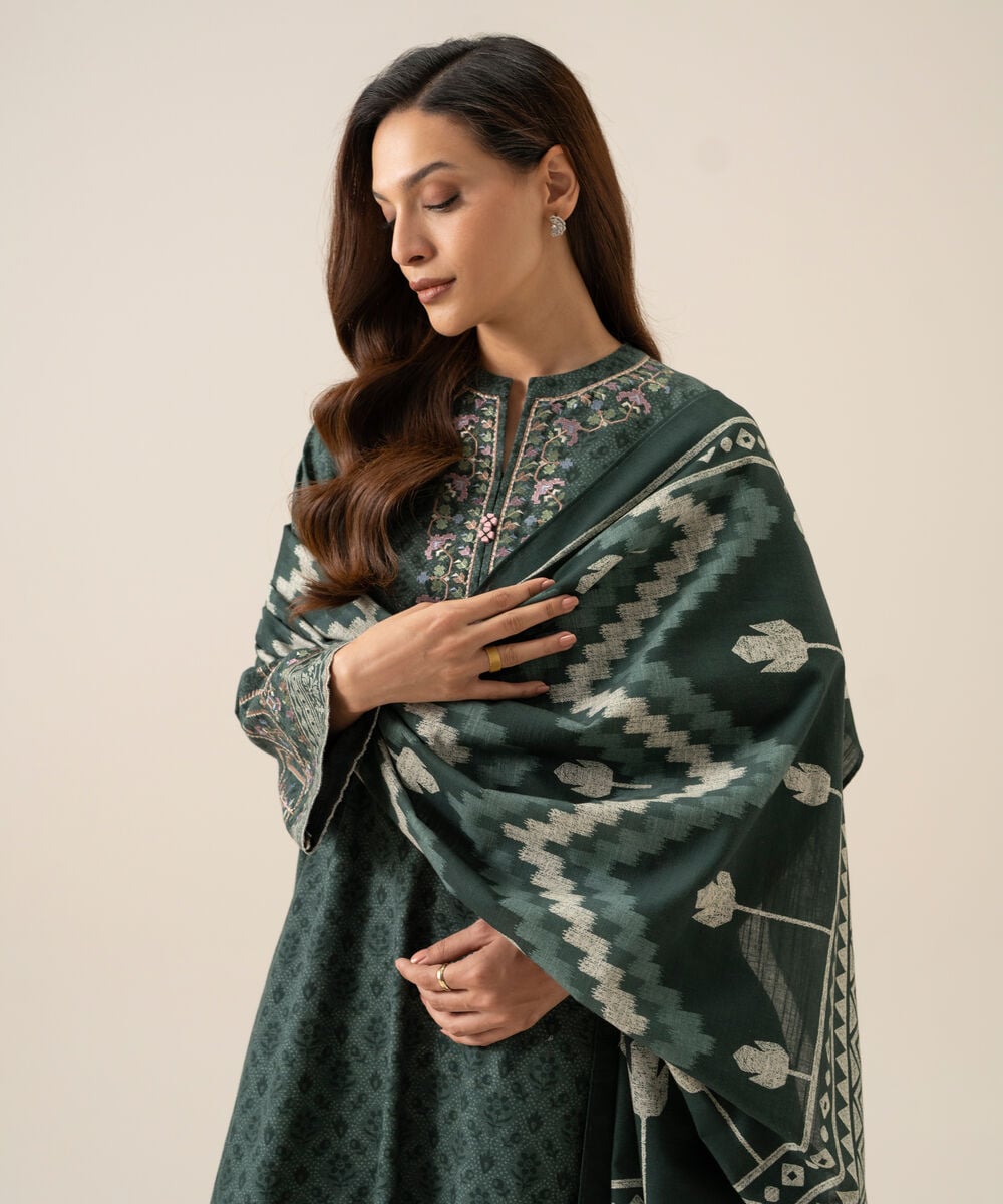 Women's Unstitched Light Khaddar Embroidered Green 3 Piece Suit