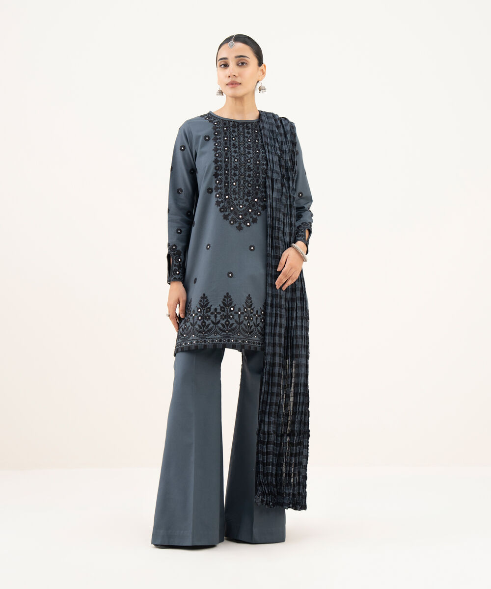 Women's Unstitched Cotton Embroidered Grey 3 Piece Suit
