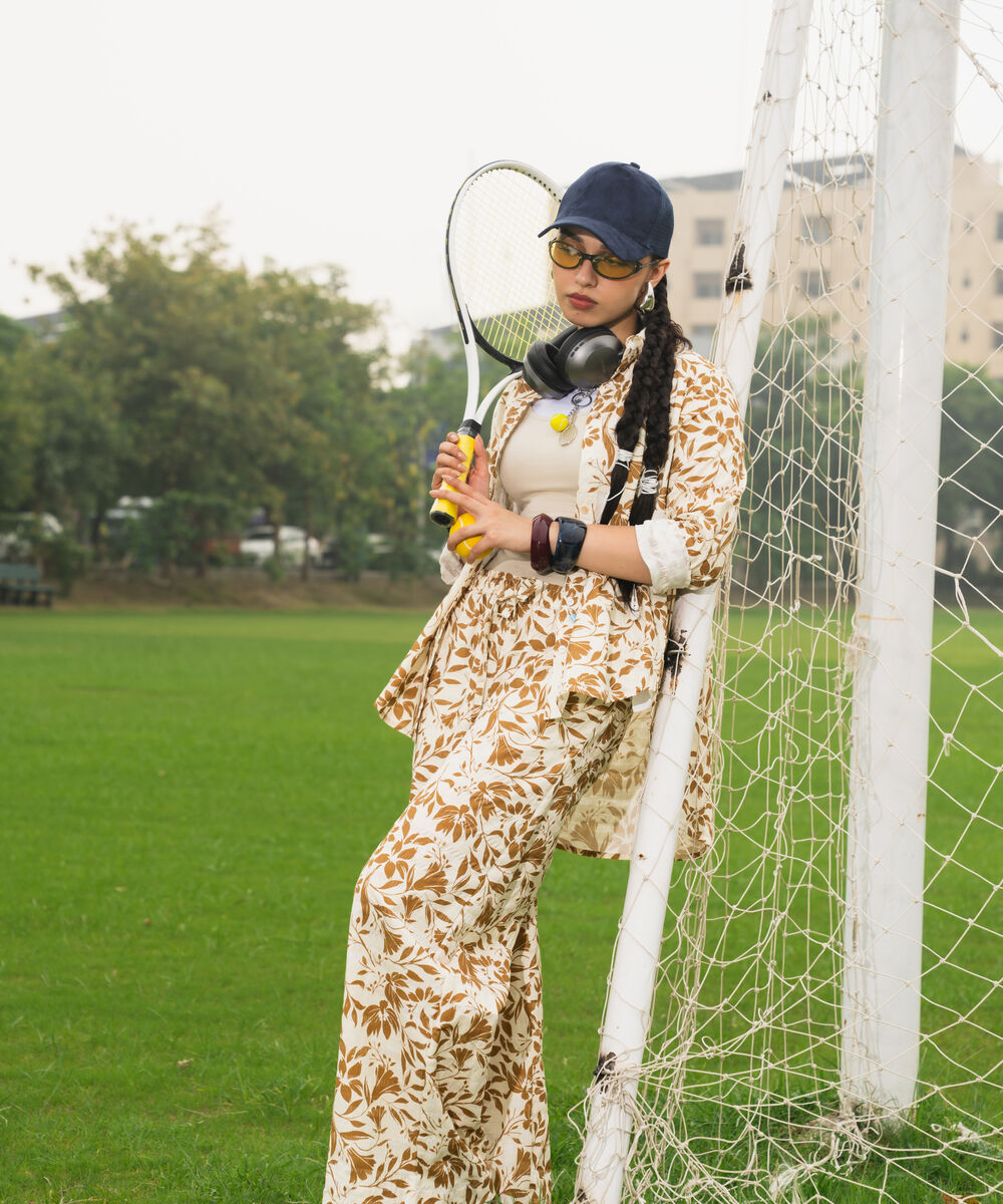Women's RTW Seersucker Printed Cream White 2 Piece Suit