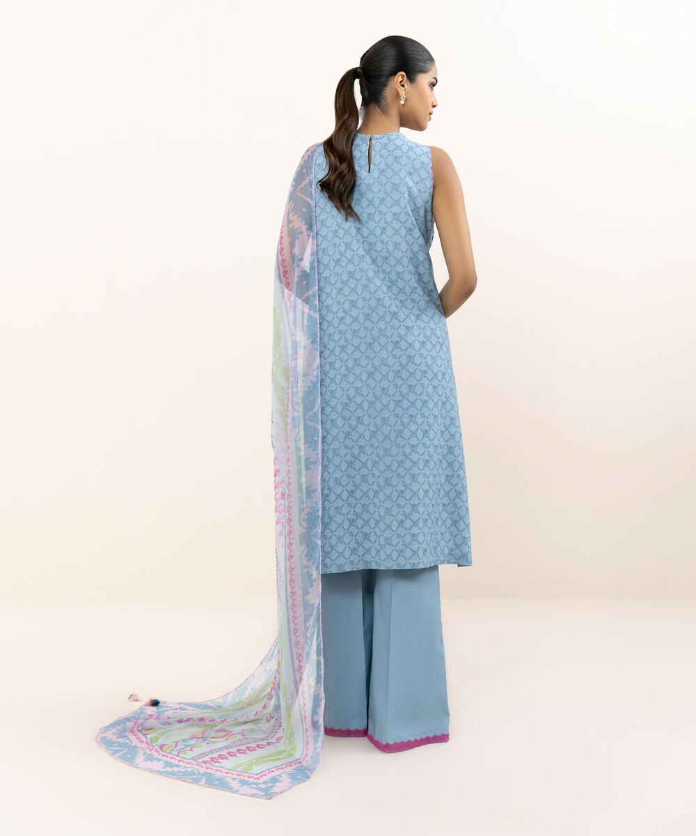 Women's Unstitched Jacquard Embroidered Blue Three Piece Suit