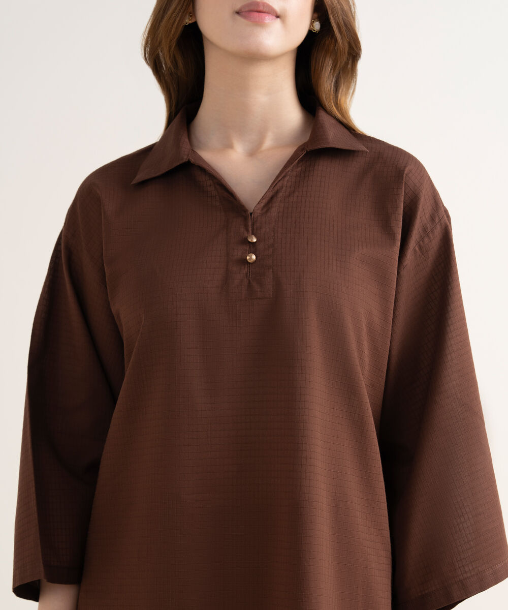 Women's RTW Handwoven Dobby Solid Boxy Brown Shirt