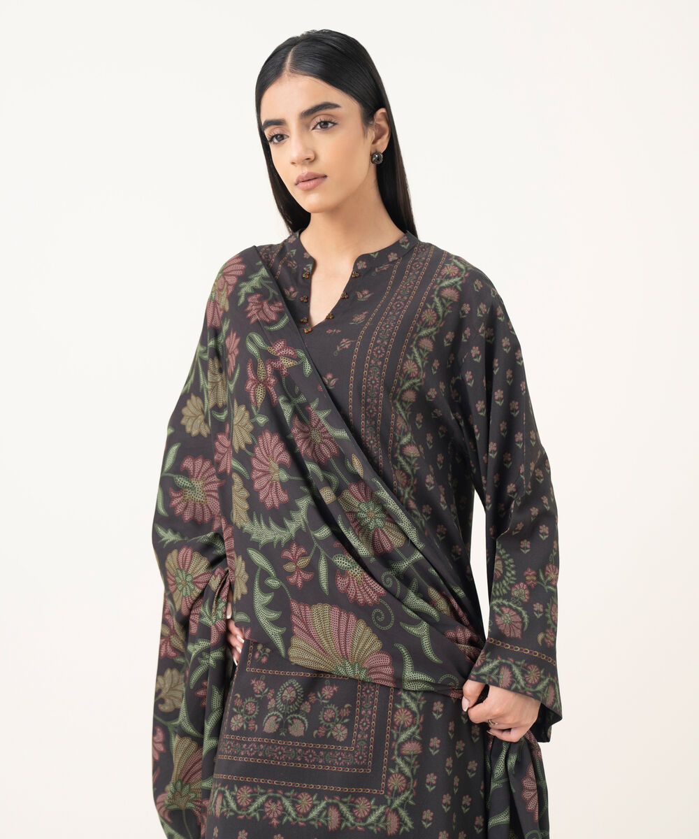 Women's Unstitched Linen Embroidered Brown 3 Piece Suit