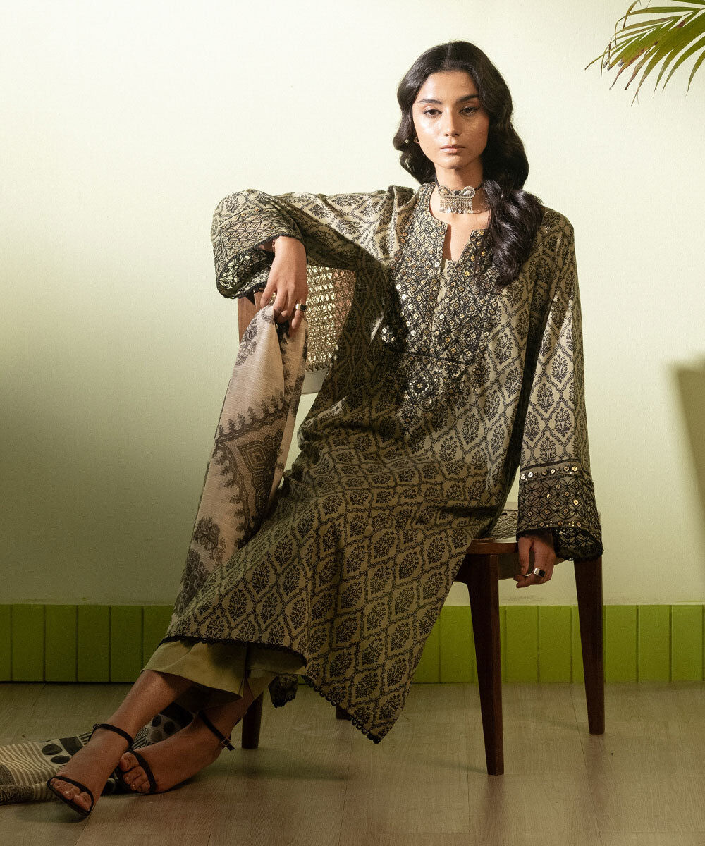 Women's Pret Lawn Brown Printed Embroidered A-Line Shirt