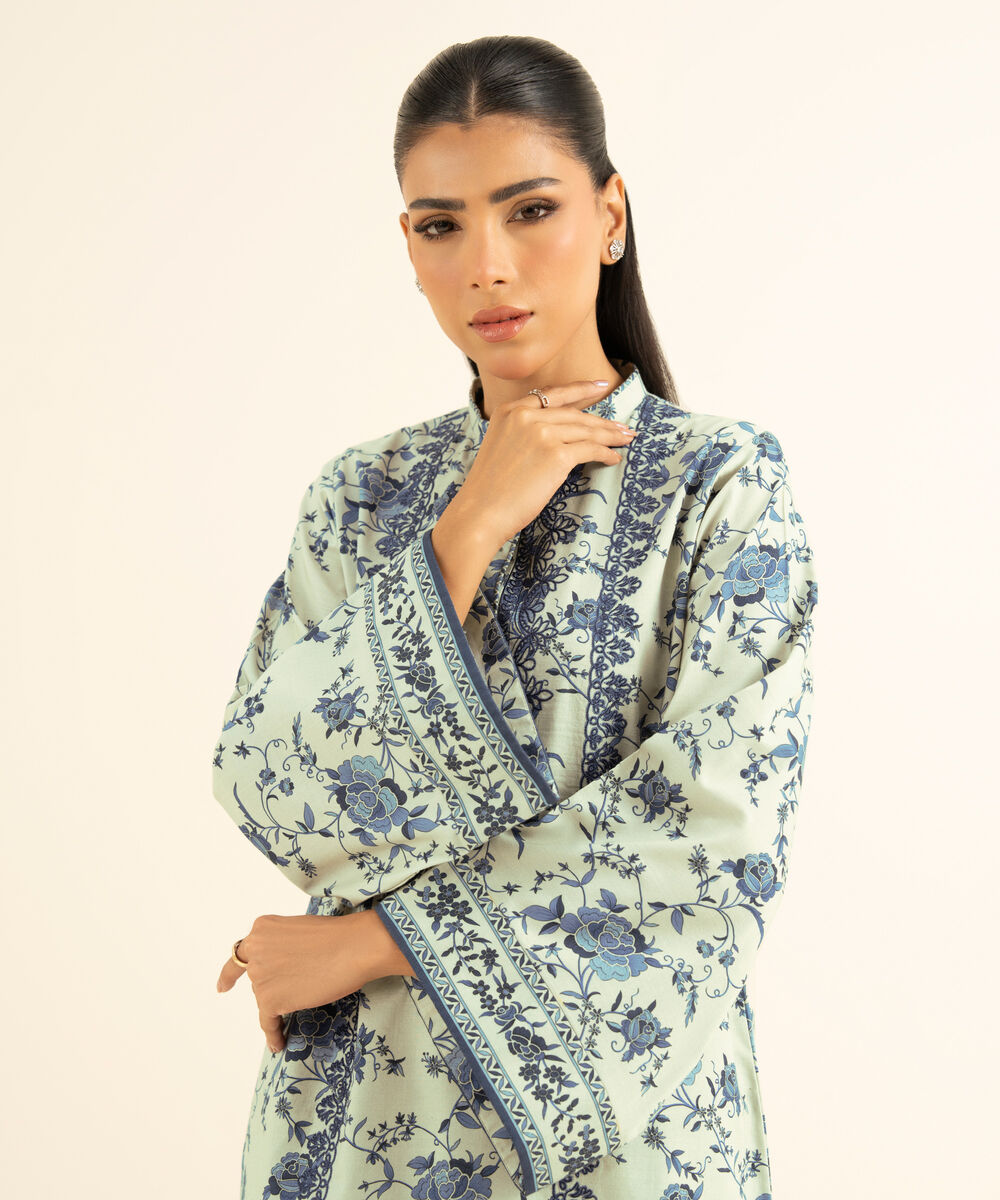 Women's Unstitched Textured Cotton Embroidered Blue 2 Piece Suit