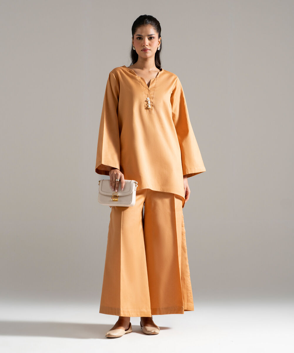Women's RTW Cotton Linen Solid Orange 2 Piece Suit