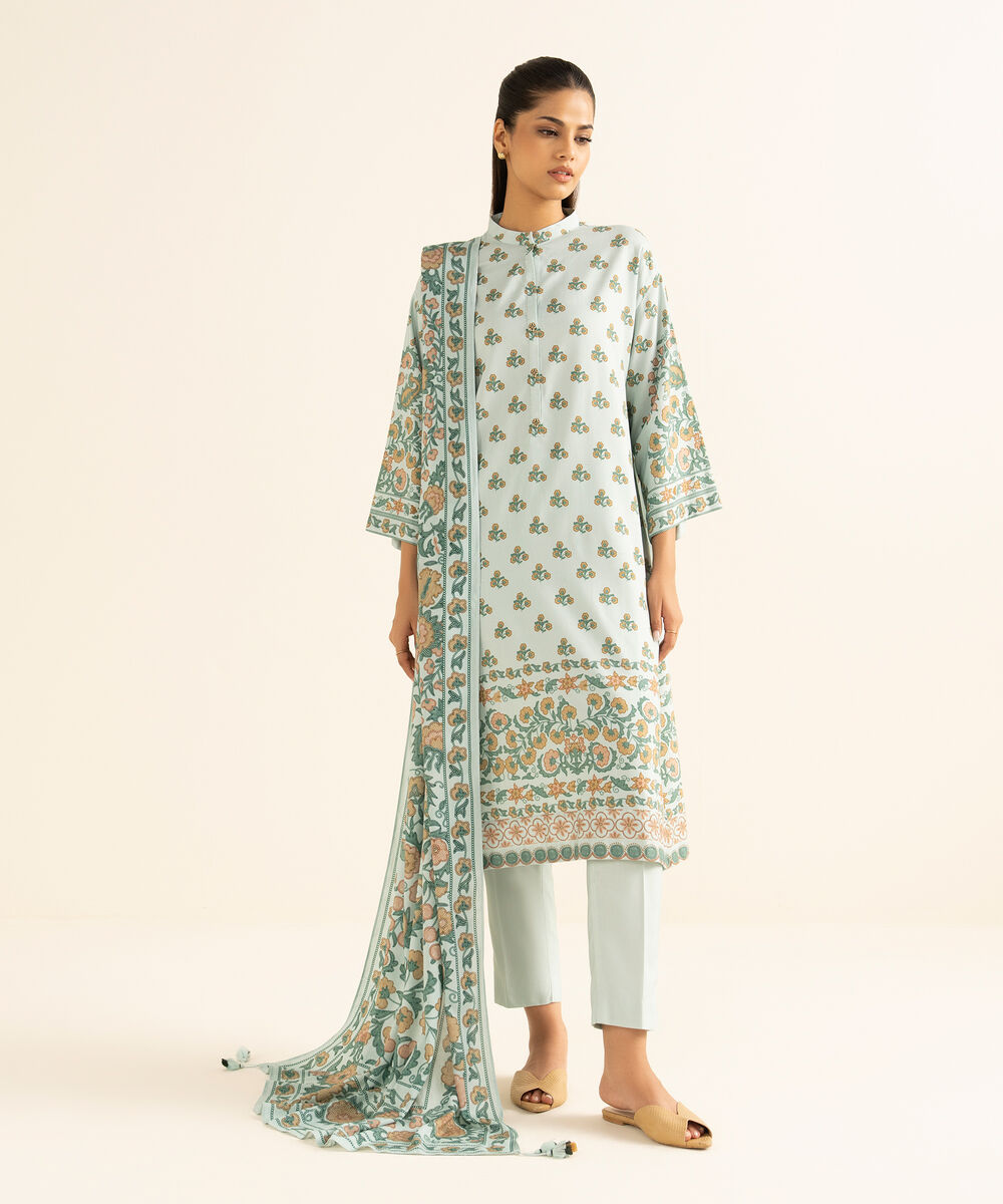 Women's Unstitched Linen Printed Blue 3 Piece Suit