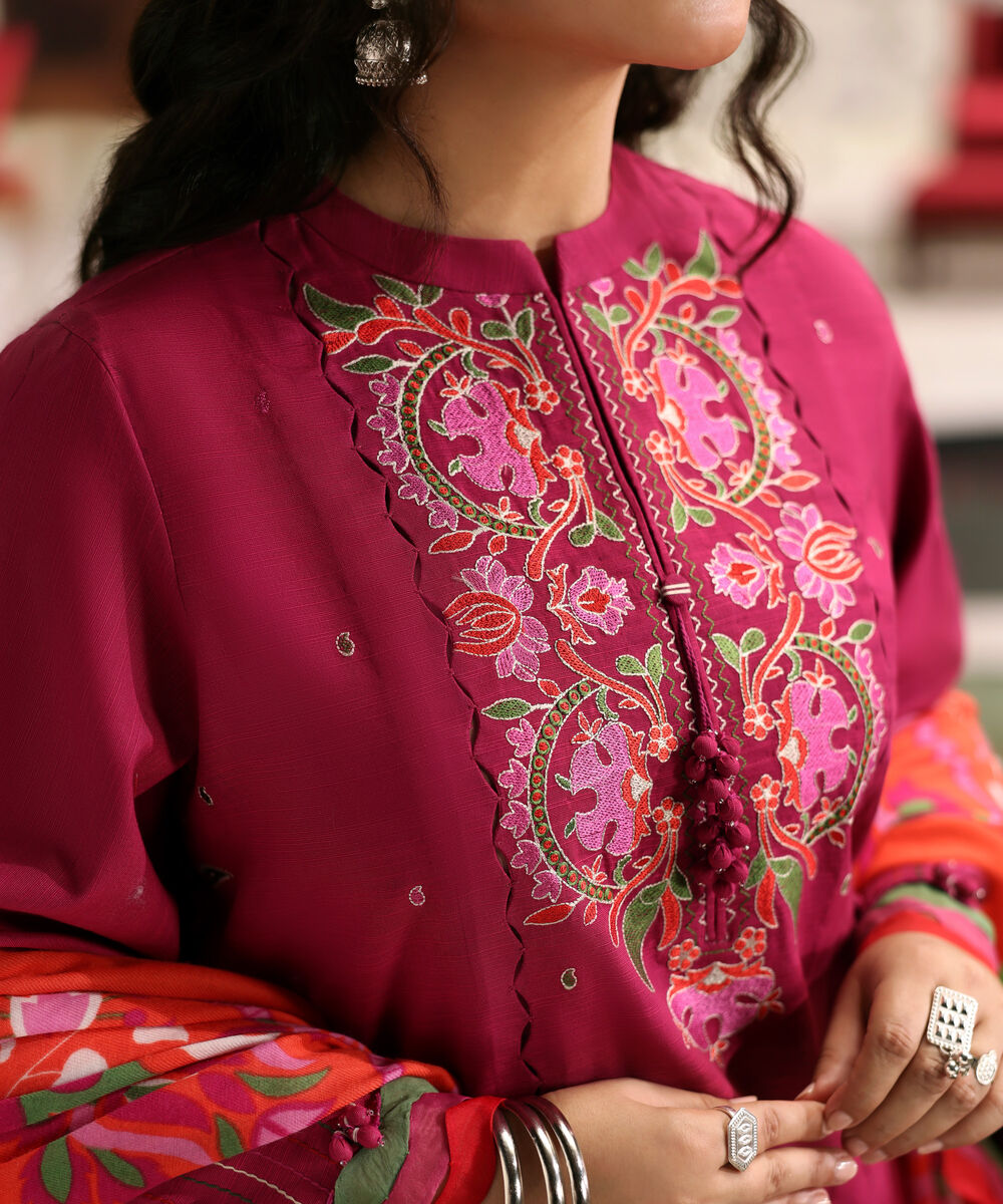 Women's Unstitched Twill Embroidered Pink 3 Piece Suit