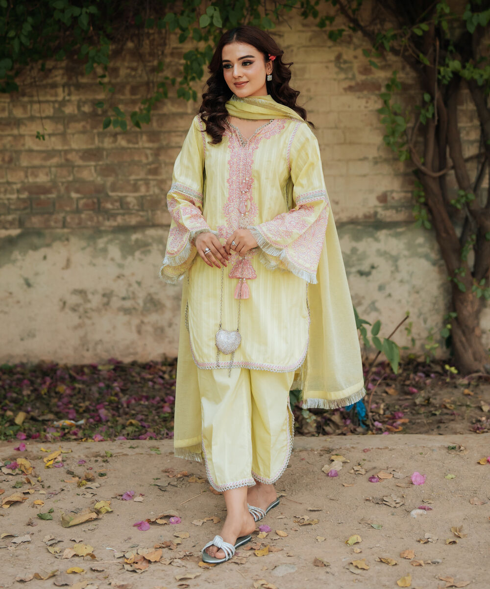 Women's RTW Leno Kara Embroidered Lime Yellow 3 Piece Suit