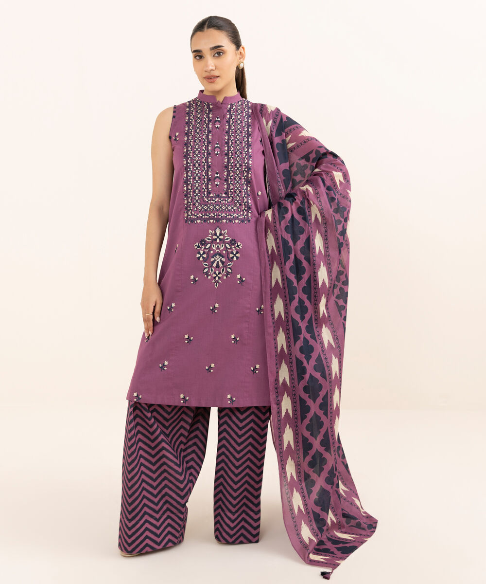 Women's Unstitched Dobby Embroidered Purple 3 Piece Suit