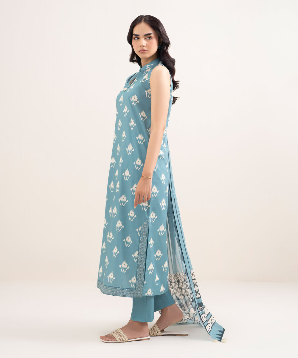 Women's Unstitched Lawn Printed Blue 3 Piece Suit