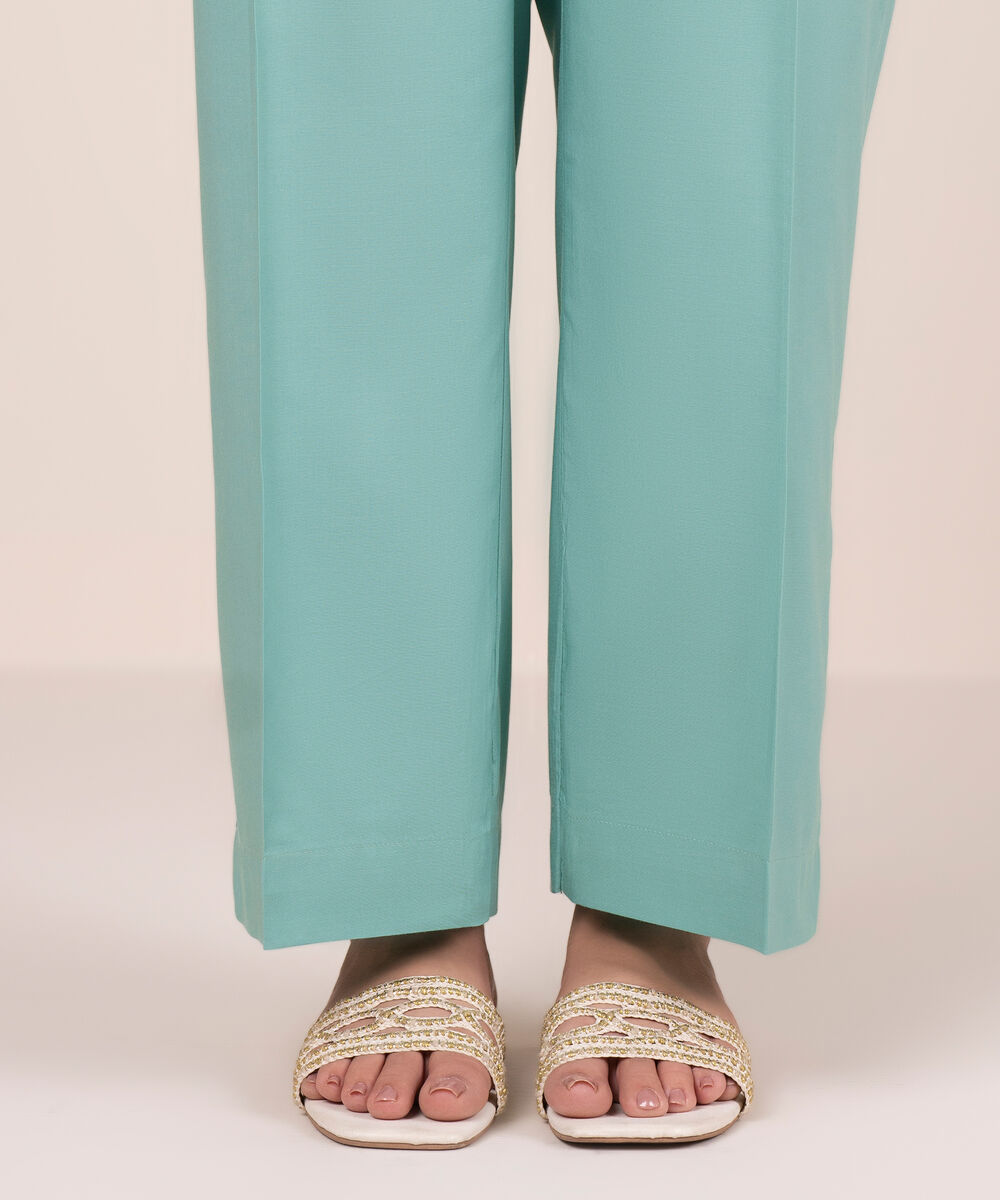 Women's RTW Cotton Viscose Solid Blue Straight Pants