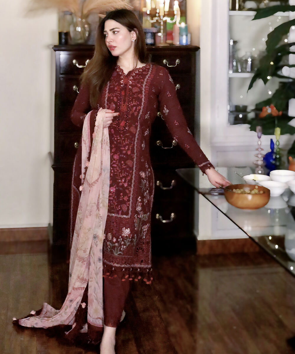 Women's Unstitched Dobby Embroidered Red 3 Piece Suit