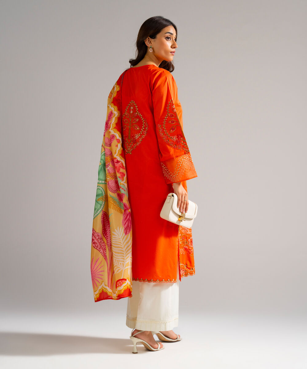 Women's RTW Lawn Embroidered Orange 2 Piece Suit