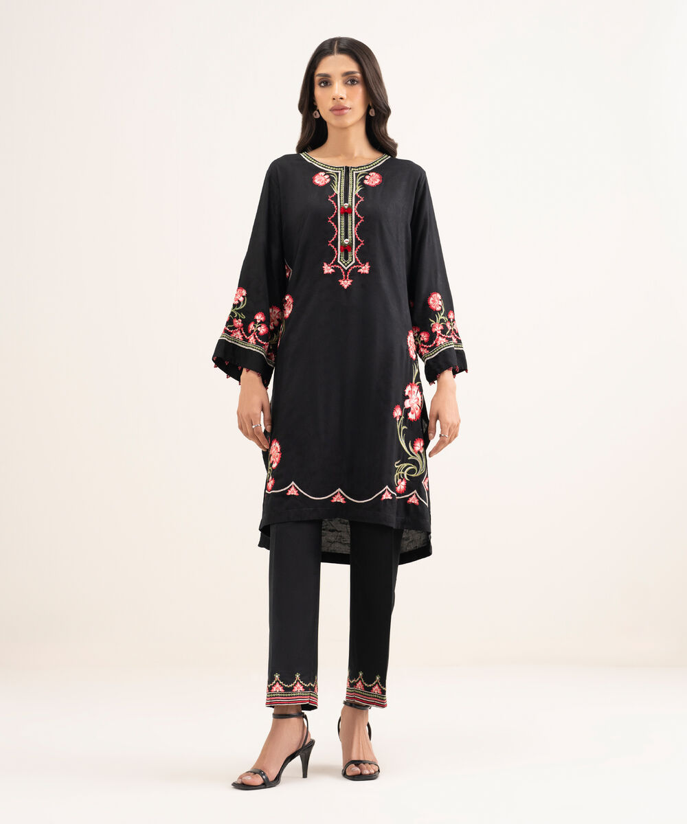 Women's RTW Arabic Self Jacquard Embroidered Black Straight Shirt