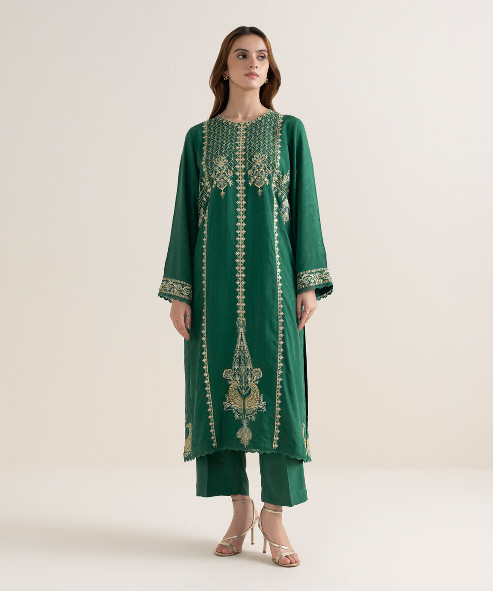 Women's RTW Textured Viscose Embroidered A-Line Green Shirt