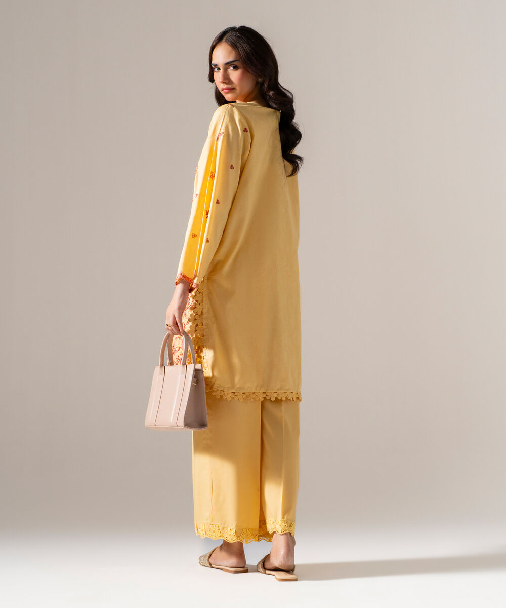 Women's RTW Self Jacquard Solid Embroidered Yellow 2 Piece Suit