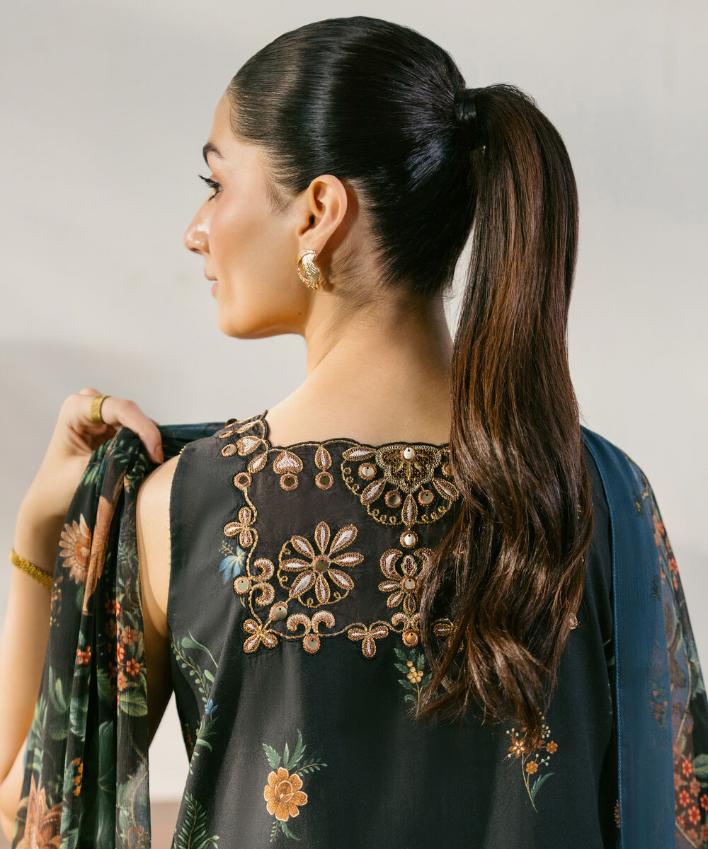 Women's Unstitched Cotton Embroidered Black