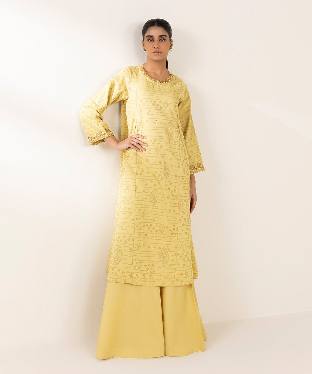 Woman - Yellow Embroidered Cotton Jacquard Shirt
