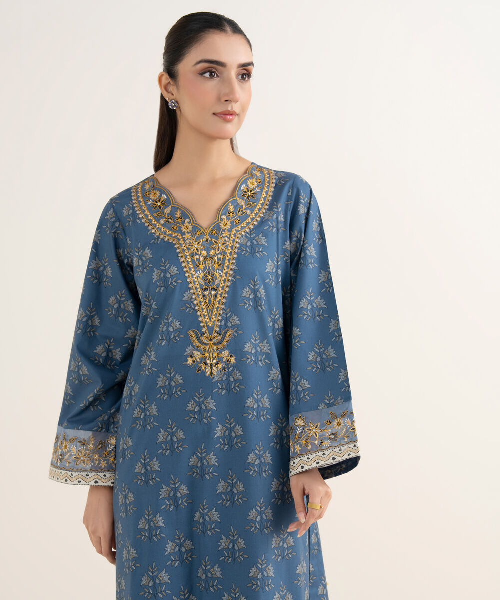 Women's RTW Cotton Embroidered Blue Shirt