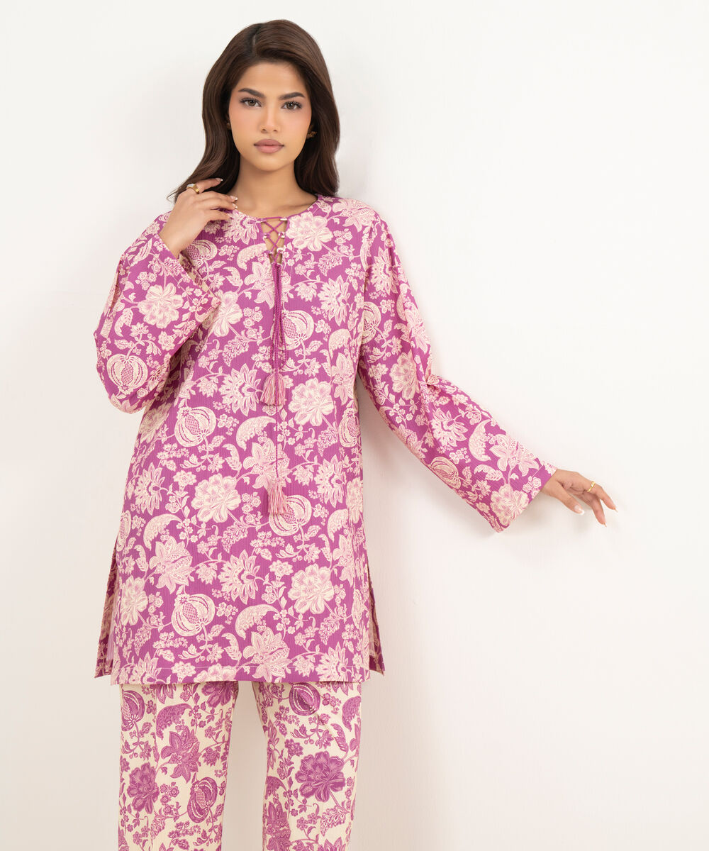 Women's RTW Seersucker Printed Purple Straight Shirt