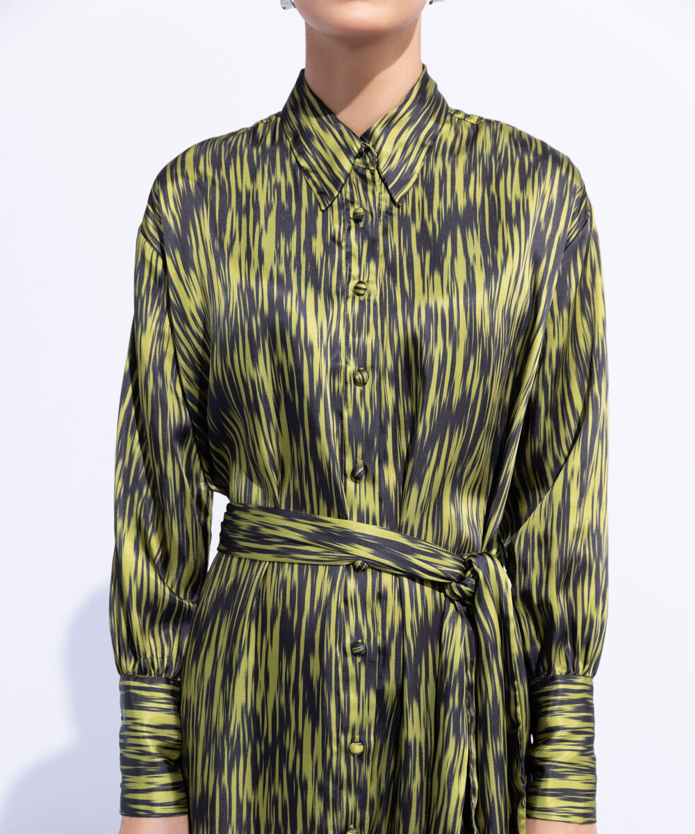 Woman - Green Silky Printed Dress with Belt