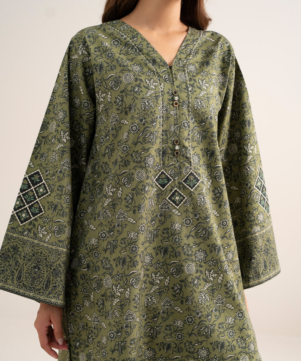 Women's Unstitched Cotton Printed Green 2 Piece Suit