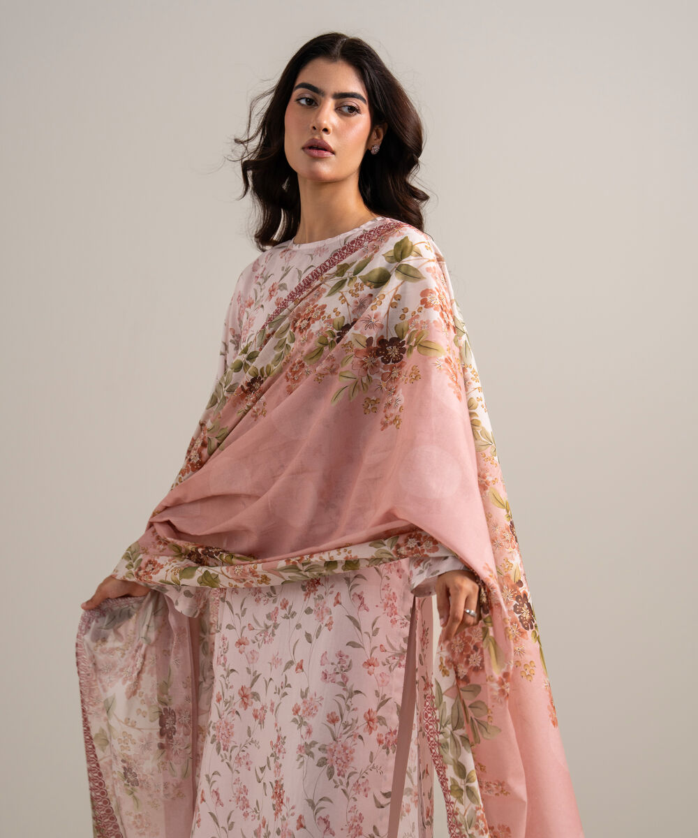 Women's Unstitched Lawn Embroidered Light Pink 3 Piece Suit